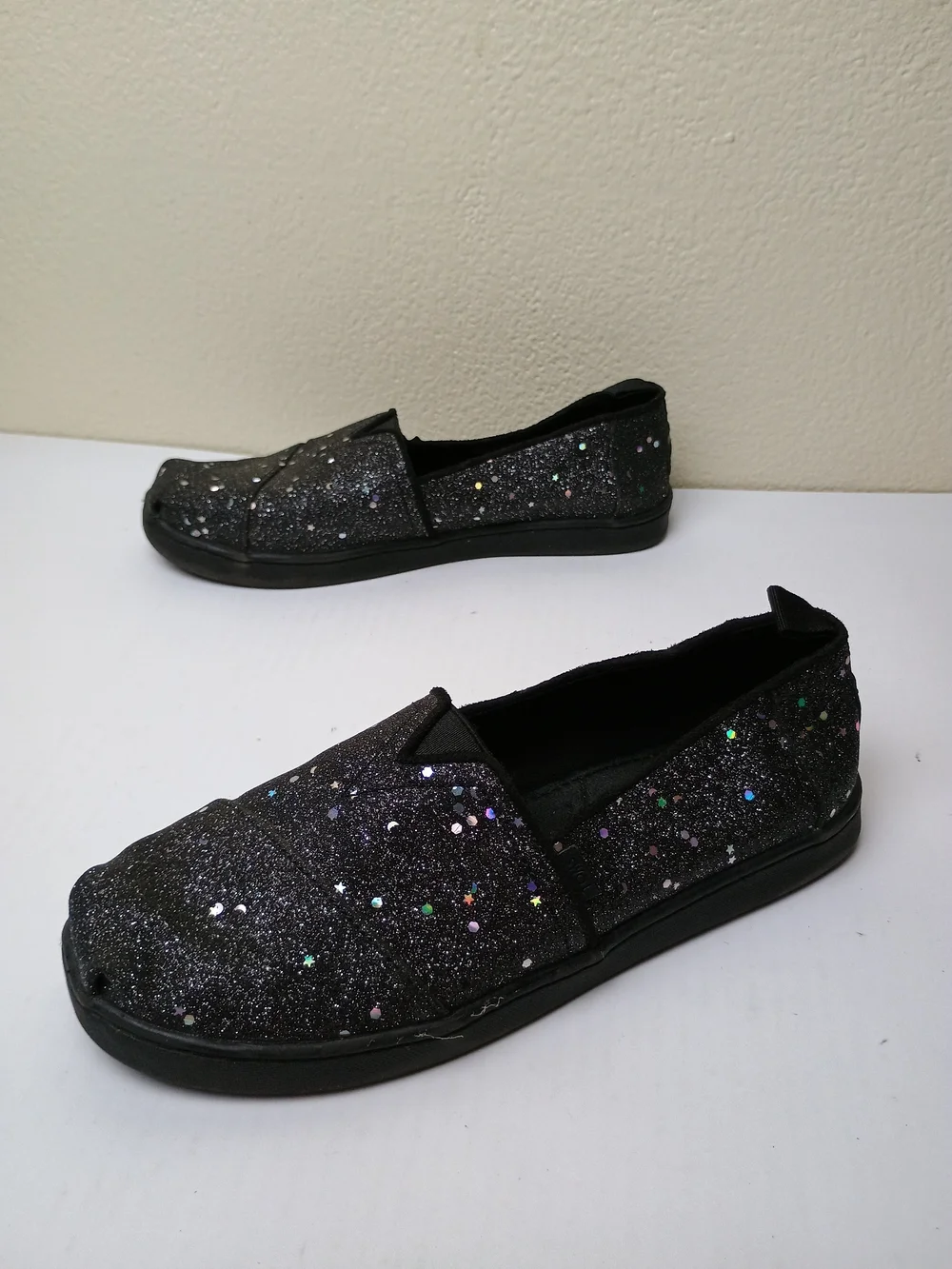 Toms Alpargata Classic Youth 4 Black Cosmic Glitter Slip-On Canvas Flat Shoes